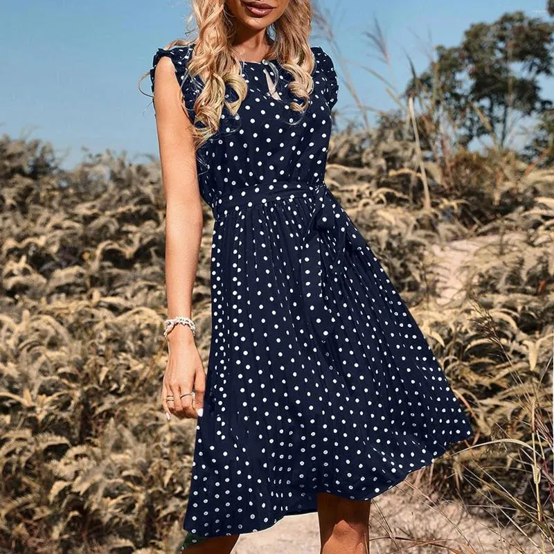 Casual Dresses Summer For Women 2024 V Neck Sleeveless A Line Dot Ruffle Beach Sun Dress Female