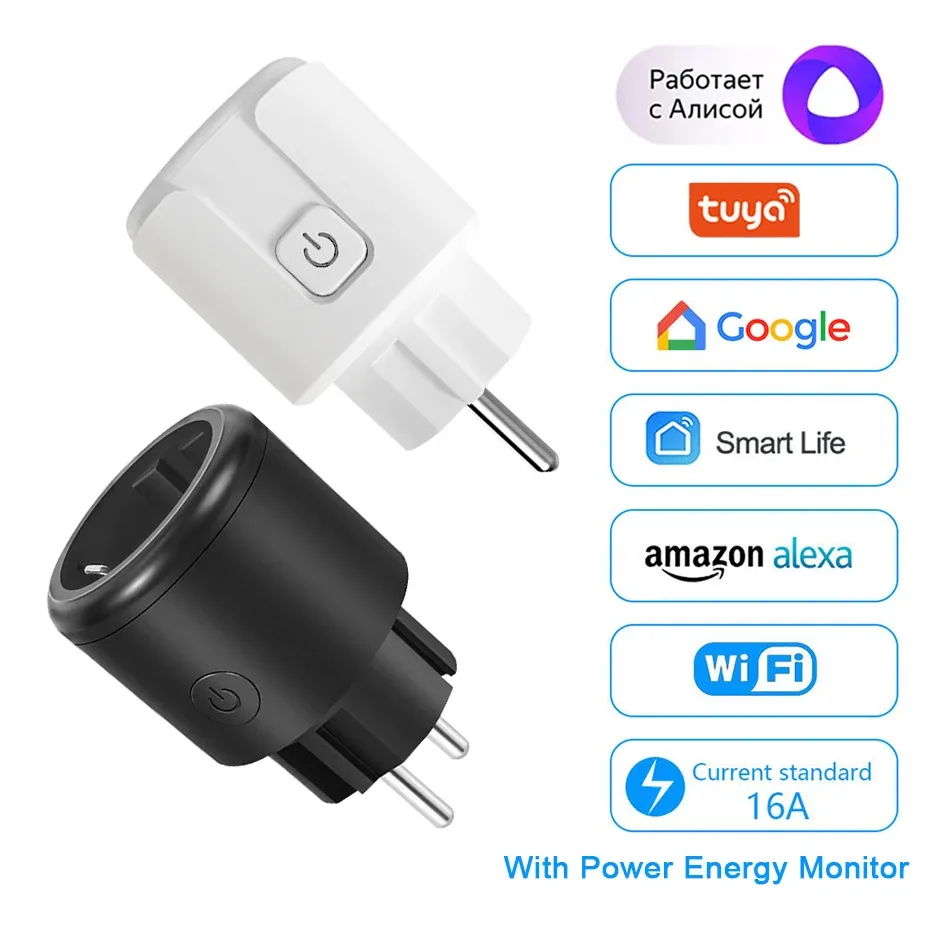 Plugs Smart Plug 16A/EU/UK WiFi Smart Socket+Power Monitor Timing FunctionTuya SmartLife App Arbeta med Alexia Google Home Yandex Alice
