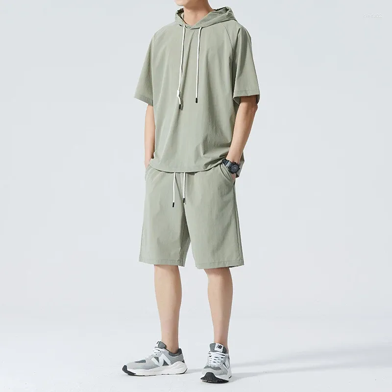 Survêtements pour hommes Hommes Summer Hip Hop Sweat-shirt et shorts Hommes 2 pièces Ensembles Sweats à capuche de couleur unie à manches courtes