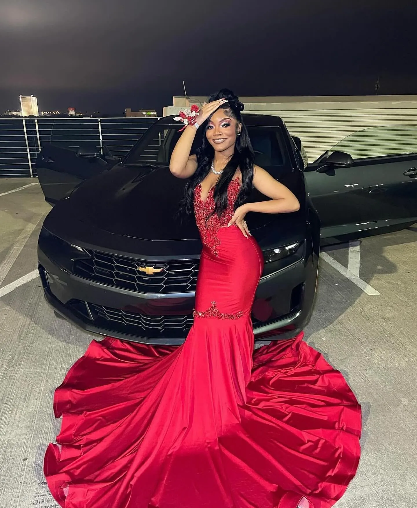 Red mermaid prom dress with train deals