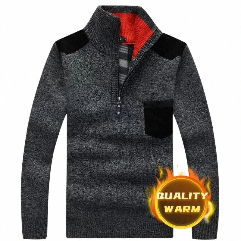 Winter Heren Coltrui Half Zip Fleece Gebreide Wollen Trui Lg Mouw Zak Toevallige Mannelijke Dikke Kleding Voor herfst L3Pg #