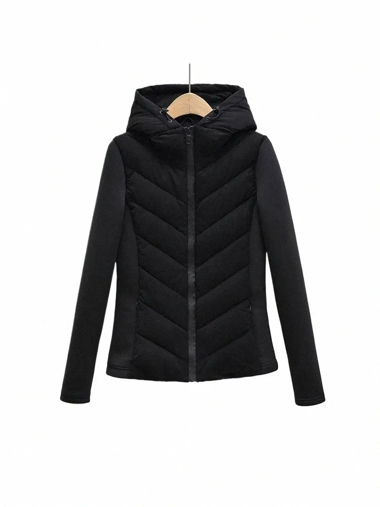 traf 2023 Winter Fi Cropped Patchwork Hooded Slim Warm Cott Coat Lg Sleeve Zipper Female Outerwear Chic Tops f5fU#