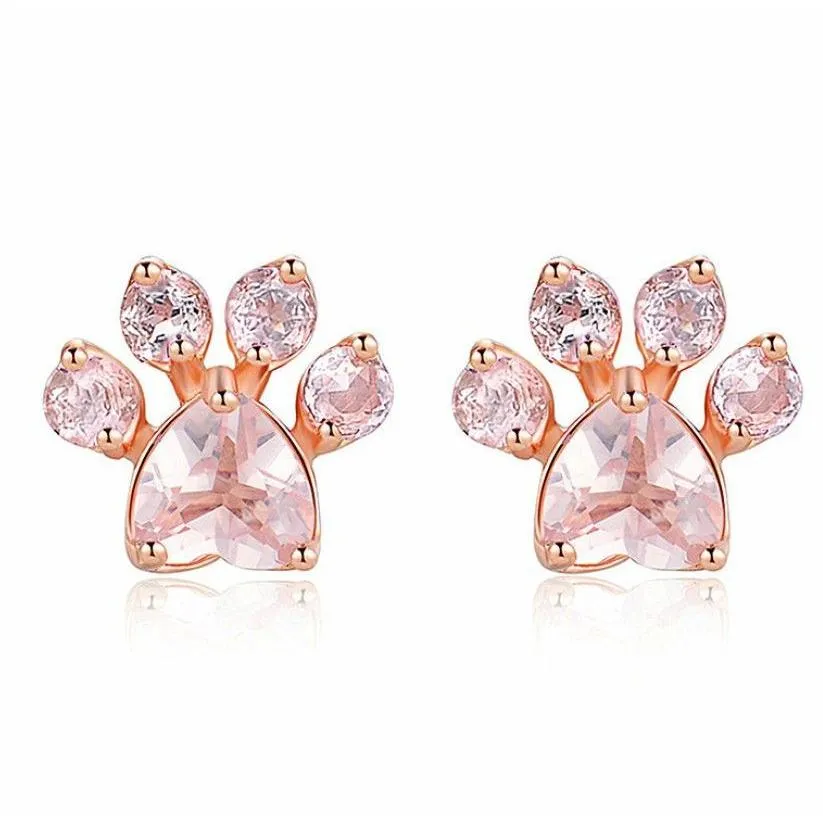 Stud Trendy Cute Cat Paw Earrings For Women Fashiong Rose Gold Earring Pink Claw Print Bear And Dog Drop Delivery Jewelry Dh7Hb