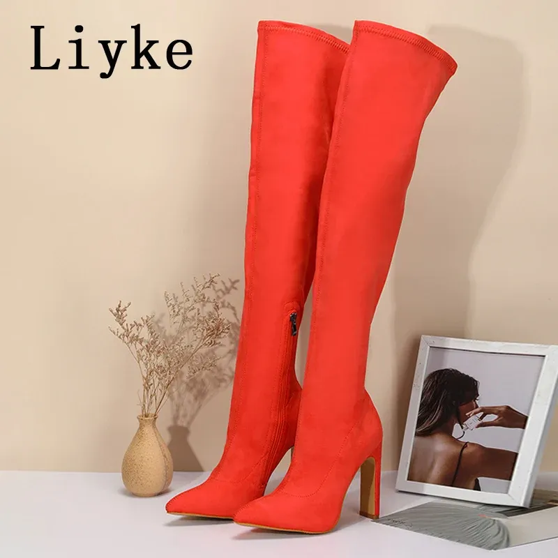 Bot Liyke Seksi Diz uyluk yüksek botlar femme kırmızı kahverengi streç sürü sivri ayak parmağı topuklu moda zip uzun kadın ayakkabı