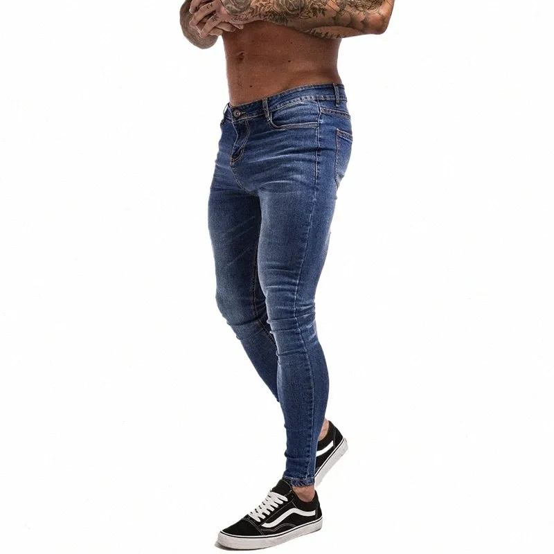 gingtto jeans män elastisk midja mager jeans män 2020 stretch rippade byxor streetwear mens denim jeans blå g69f#