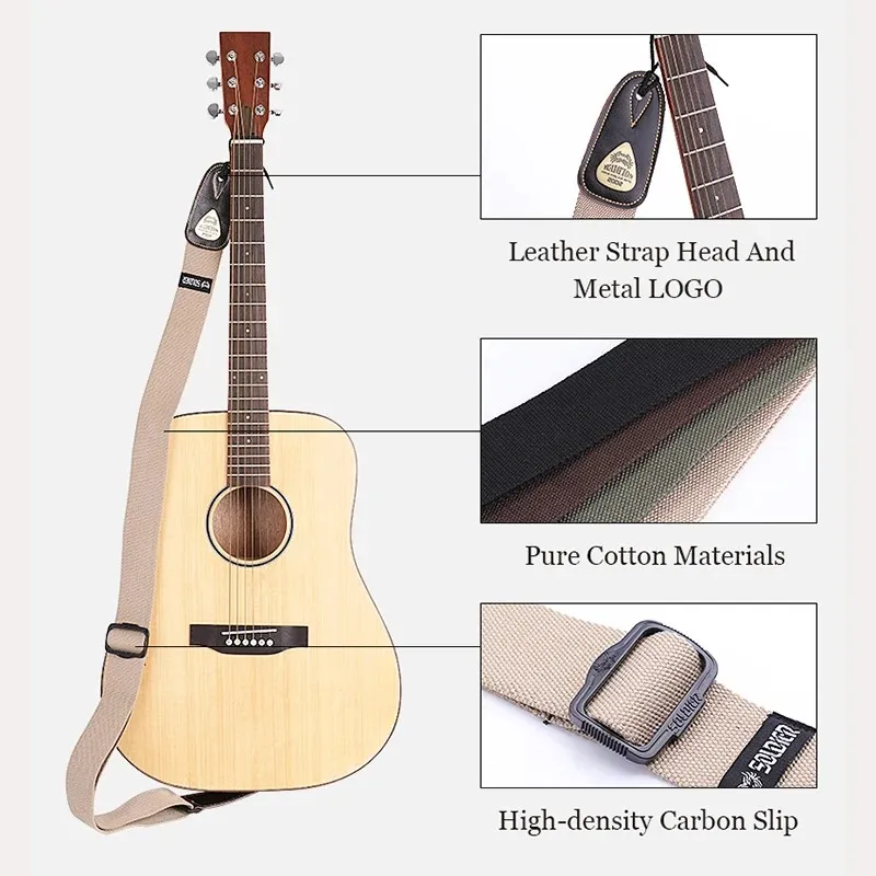 Soldier Acoustic Electric Bass Guitar Strap Black Leather Ends Belt Shoulder Personalized Metal LOGO Straps Guitar Accessories