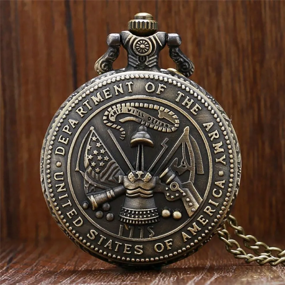 Retro brązowy Departament Armii Stanów Zjednoczonych Pocket Watch Vintage kwarc analogowy zegarki wojskowe z łańcuchem naszyjnikiem 238n