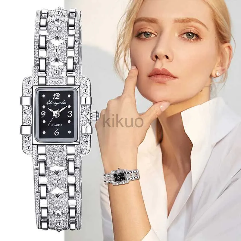 Zegarwki na rękę kobiety oglądają prostokątne tarcze srebrne zegarki ze stali nierdzewnej kryształowe zegarki mody kwarc dla kobiet pań