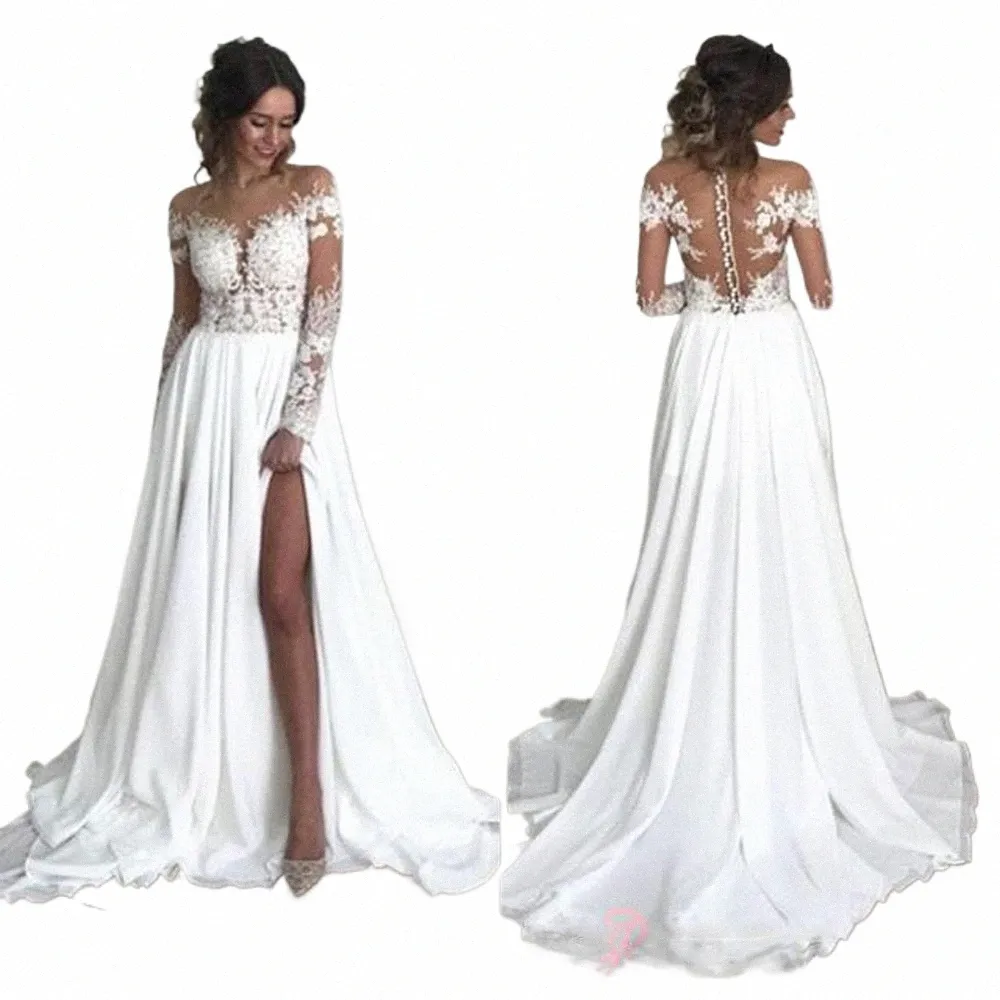 Elegante encaje con vestidos de boda divididos altos Sweetheart A-Line Chiff Apliques Simple Boho LG Vestidos De Noiva Vestidos de novia V3BC #