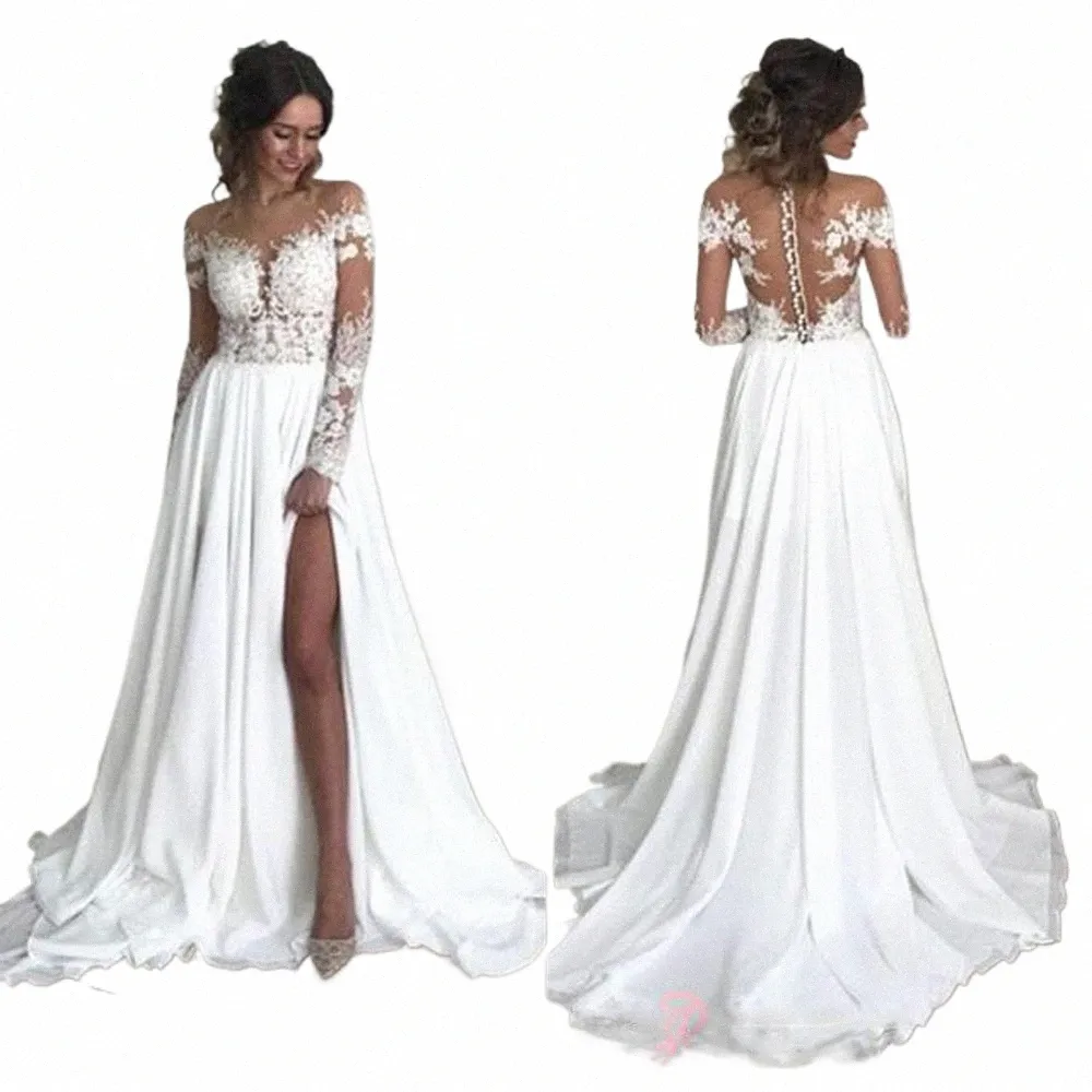 الدانتيل الأنيق مع زفاف عالي الانقسام dres sweetheart a-line chiff heads simple boho lg vestidos de noiva bridal obors v3bc#