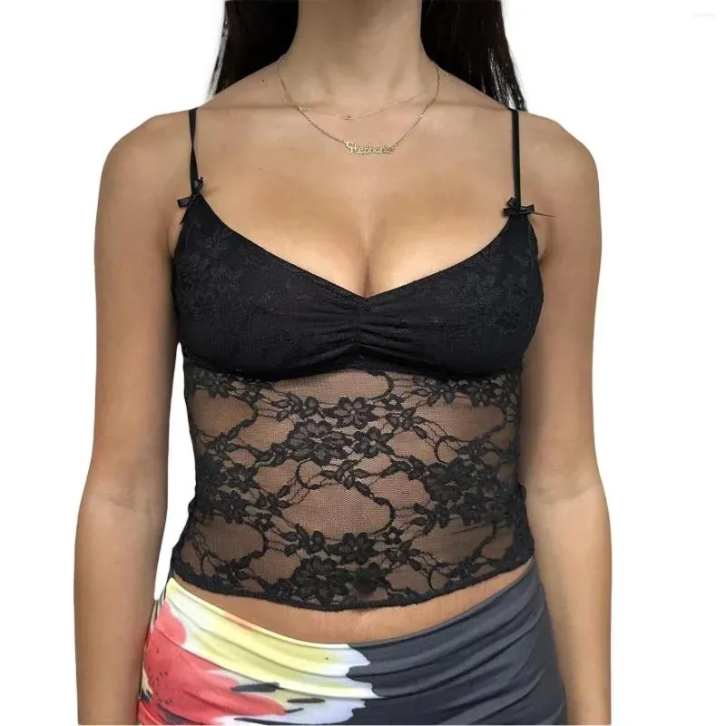 Canotte da donna Camis Donna Y2K Spalline in pizzo con volant Canotta See-Through Halter Cami Canotta Crop Camicie Estate Uscire Top Streetw Dhomw