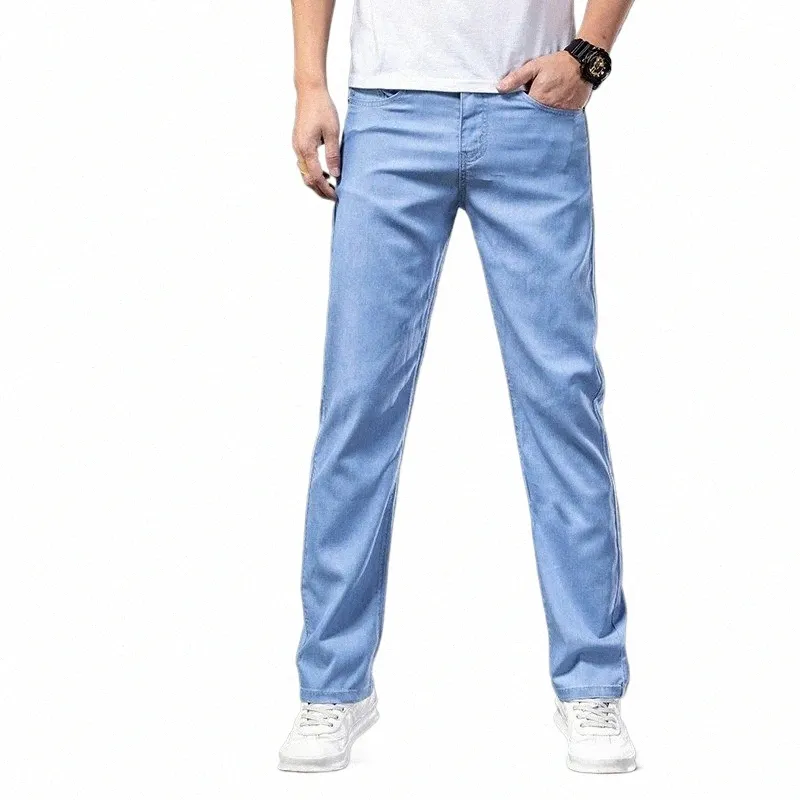 Baggy Jeans Vêtements Pour Hommes Été Ultra Mince Lyocell Pantalon Droit Fi Casual Busin Stretch Pantalon En Denim Doux Mâle e5n7 #