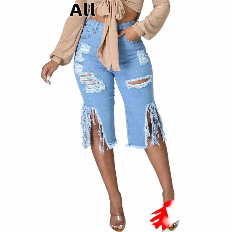 Plus la taille Streetwear déchiré glands extensible maigre longueur au genou Jeans 3XL maman trous détruits Denim pantalon sexy 3/4 Capris Jean q66C #