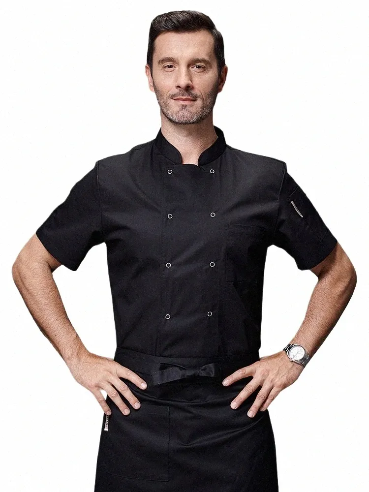 Ristorante Chef Camicia da uomo di alta qualità Cucina Uniforme da lavoro Maniche corte Giacca da cuoco Hotel Coffee Shop Cameriere Abbigliamento da lavoro d6UU #