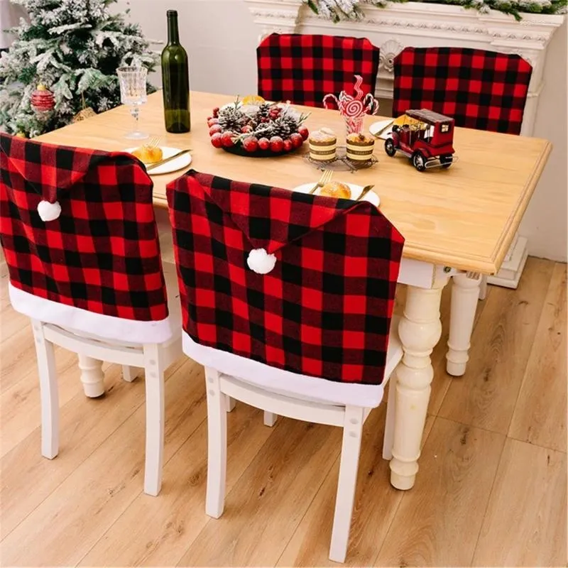 Chair Covers 67JE Christmas Cover Black Red Plaids Hat ForXmas Dining Slipcovers For Holiday