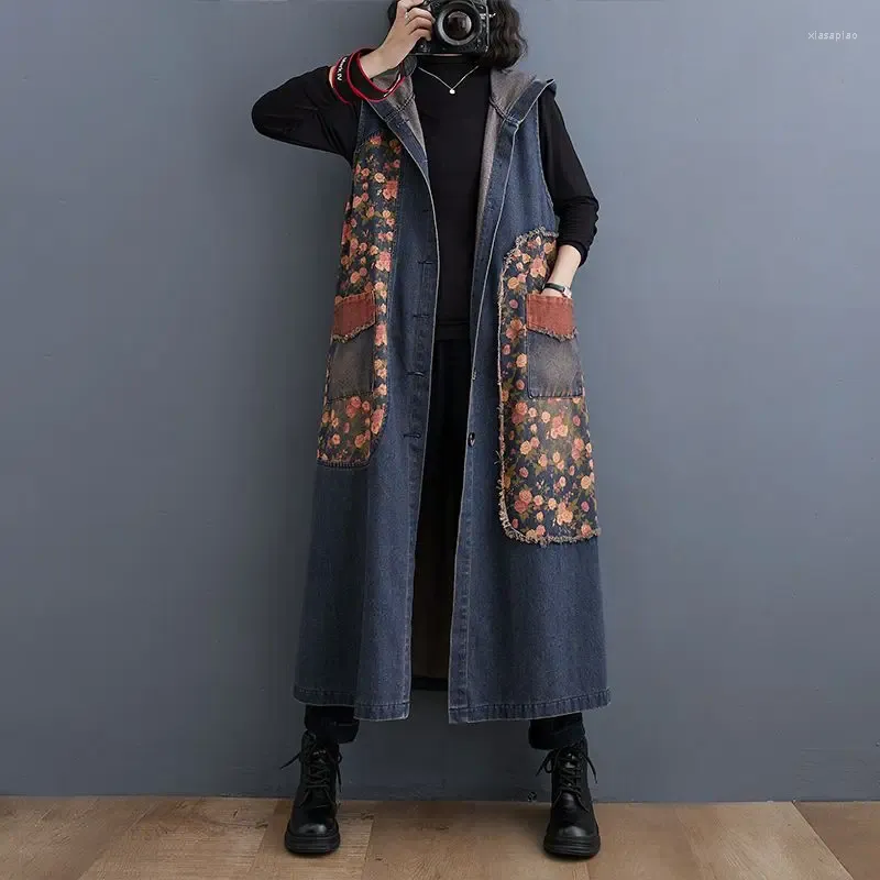 Kvinnors västar 2024 Autumn Vintage Hooded Print denim Vest Women Fashion Sleeveless Jacket Casual Loose Jeans Waistcoat Windbreaker R570