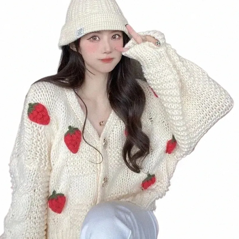 Zoki Women Harajuku Strawberry Loose Cardigan Sweater Fall Fi LG Sleeve Korean Topps Chic Female Preppy Style Y2K tröja A3KQ#