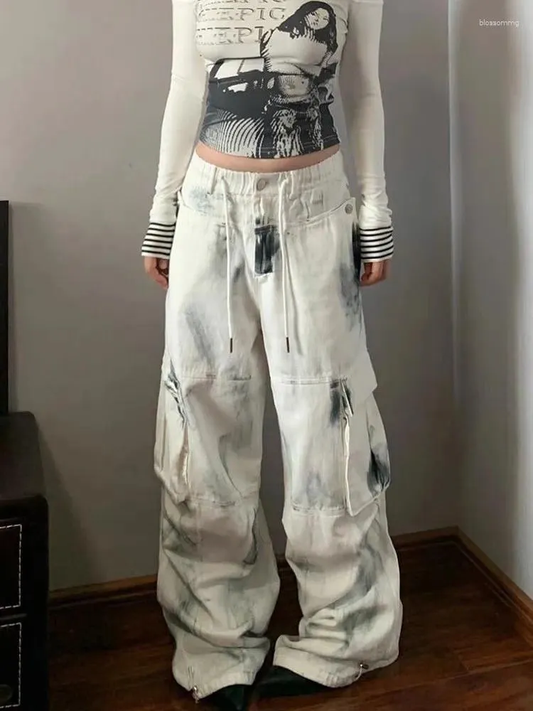 Kvinnors jeans 2024 Cyber ​​Y2K Streetwear Tie Dye White Drawstring Baggy Cargo Pants for Women Goth Clothes Straight Dress Lady Byxor