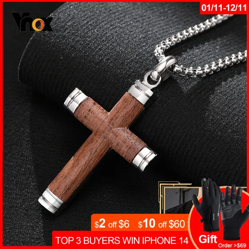 Kettingen Vnox Stijlvolle Palissander Kruis Mannen Ketting Unieke Gekwalificeerde Punk Houten Hangers Rvs Religieus Geloof Mannelijke Hals Sieraden