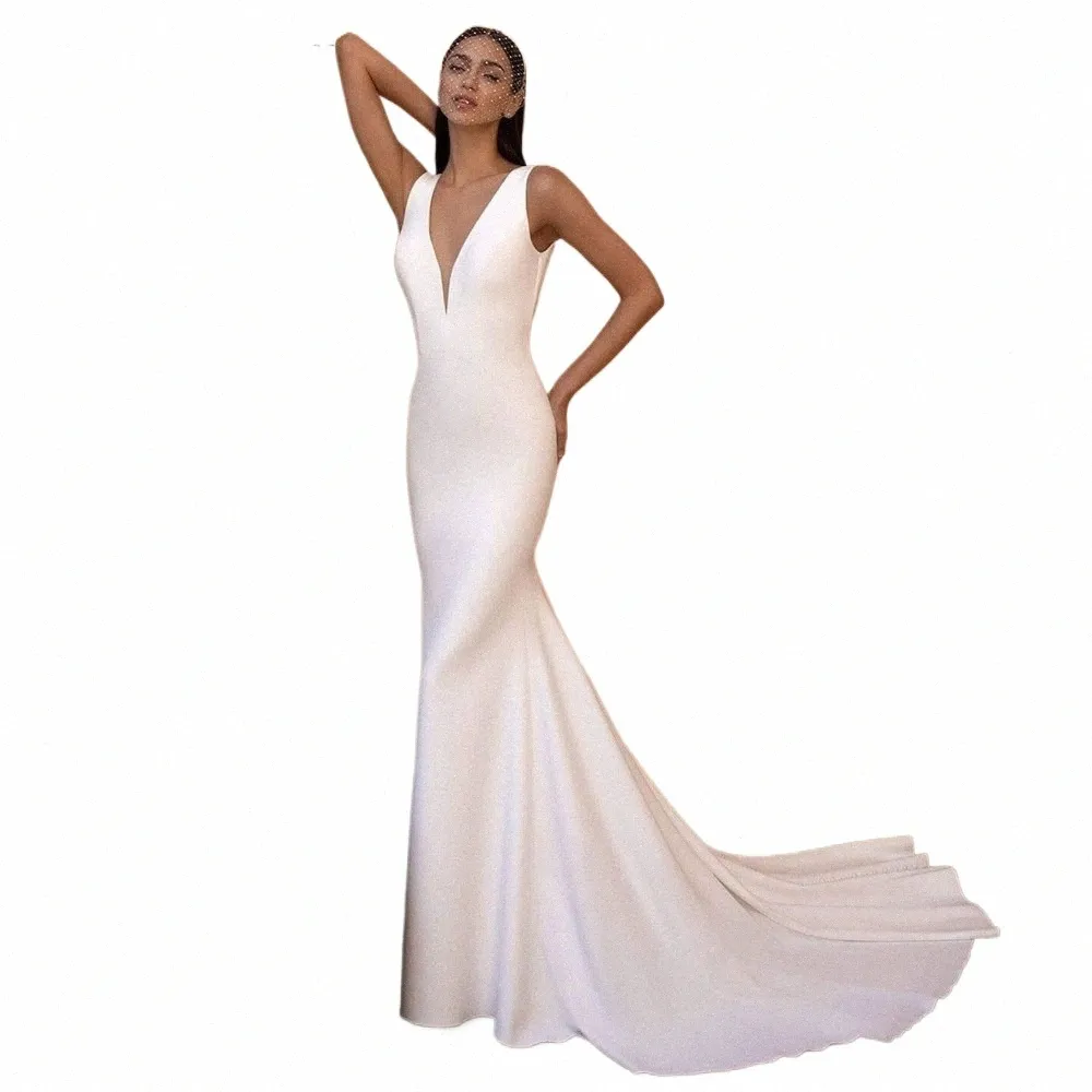 lsyx Deep V-Neck Simple Sleevel Crepe Butt Mermaid Wedding Dr OpenFloor Length Court Train Bridal Gown Custom Made 04Ou#