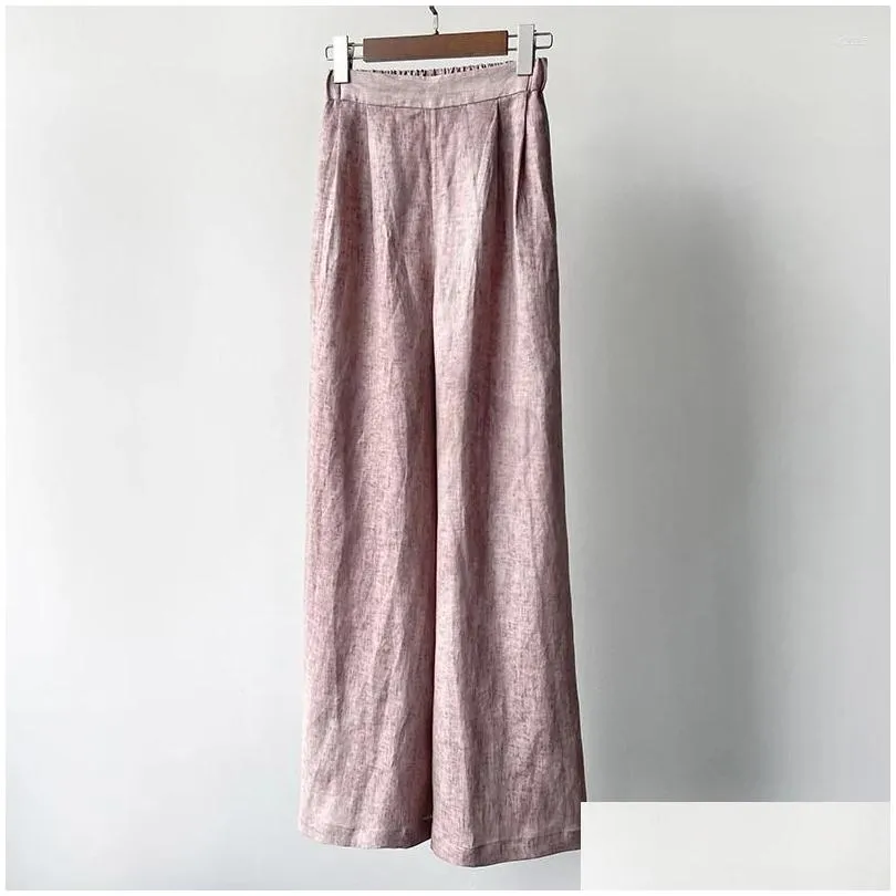 Kvinnors byxor capris topp ände 2024 vårkvinnor vintage linne tie färgämne rosa lös lång pant elegant dam alla matchar elastisk midja bred ben otof