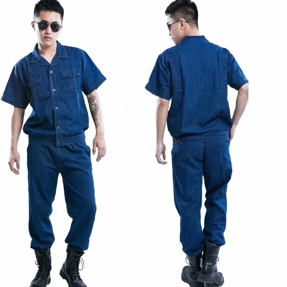Arbetare denim uniformer sommar kort ärm förtal.