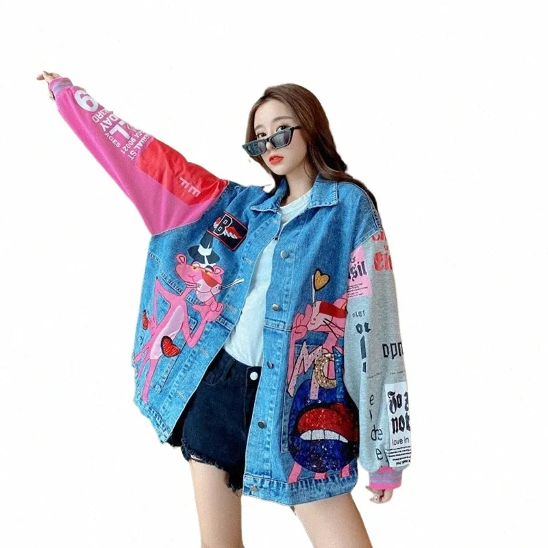 Harajuku Oversize Denim Jacken Frauen Übergroße Jacke Patchwork Farbe Streetwear Carto Print Jean Mantel Weibliche Top 70Wc #