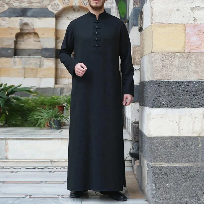 Ethnic Clothing Men'S Muslim Robe Jubba Thobe Long Sleeve Solid Color Breathable Breasted Robes Saudi Arabia Kaftan Pour Homme Musulman