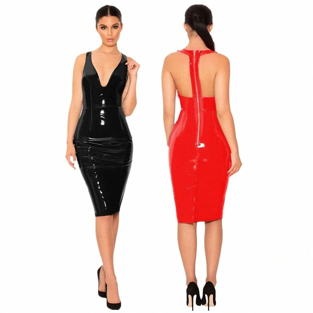 PVC Leather Bodycon Back Zip Dress Sexy Wet Look Party Club Midi Dress