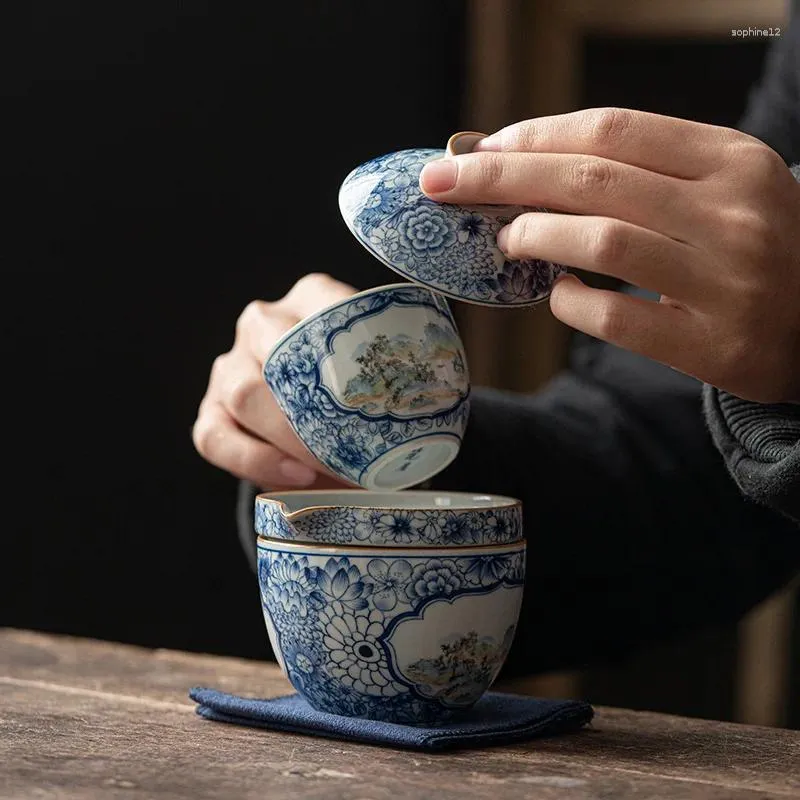 Service à thé en porcelaine bleue et blanche, service à thé de voyage Portable avec une théière et deux tasses, brassage d'étude domestique