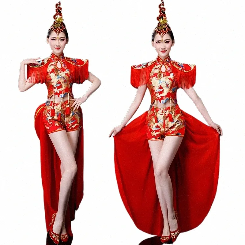 drumming Clothing New Chinese Style Natial Dance Costume Female Chegsam Fan Water Drum G4qZ#