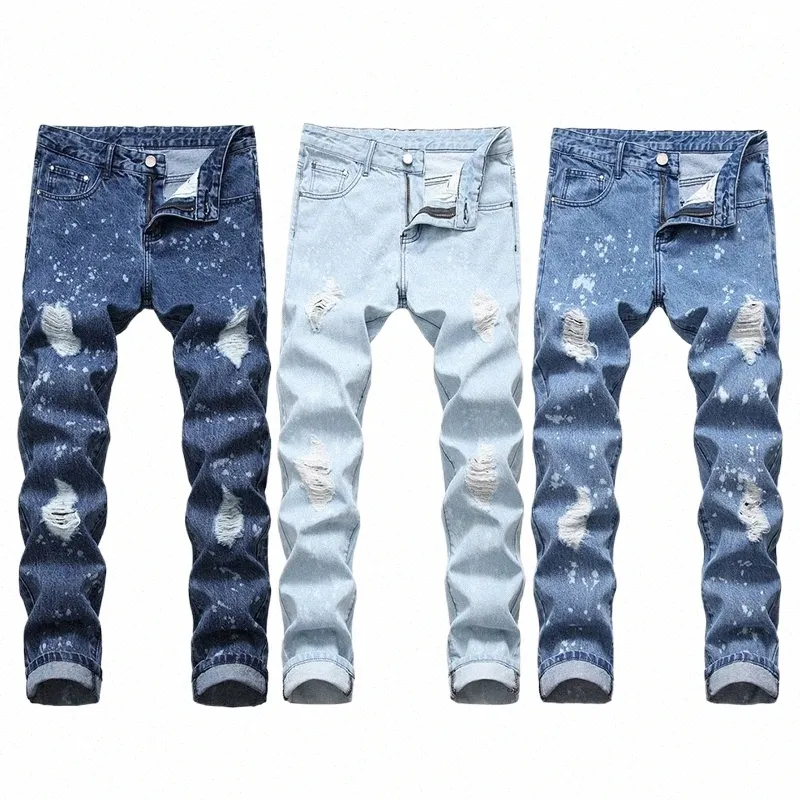 mens Jean Skinny Casual Slim Fit Straight Ripped Hole Jeans Dot Printed Designer Pencil Pants Casual Denim Trousers Fi Blue i0yS#