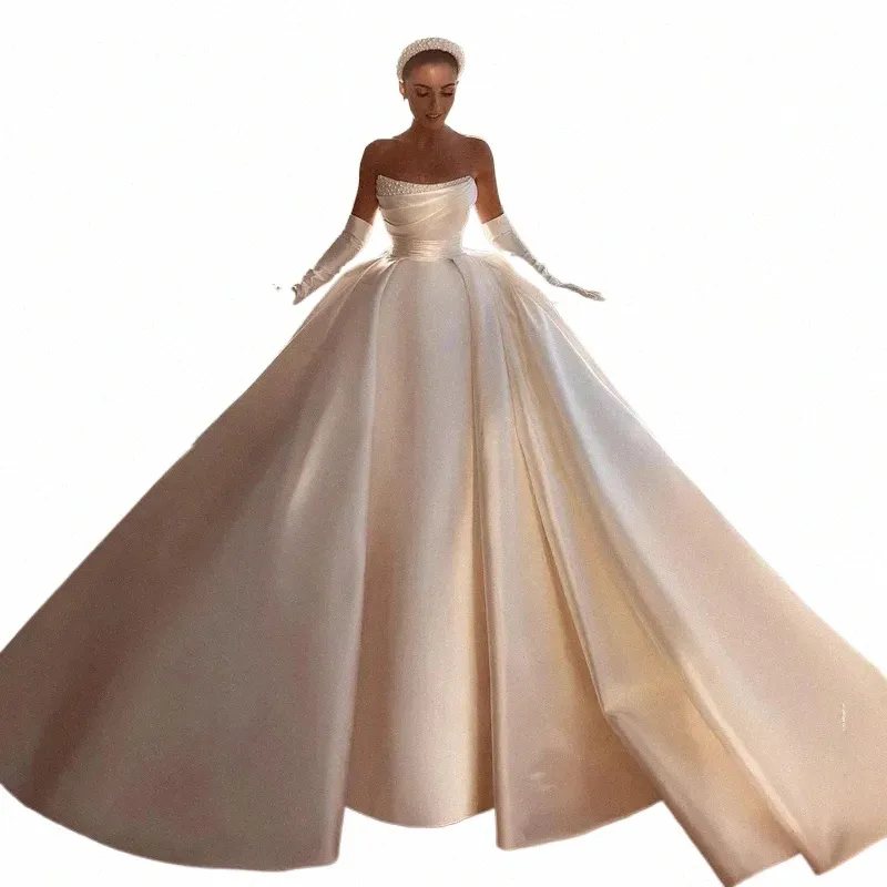 flavinke elegante parels bruiloft jurk moderne bruids strand boho jassen sweep trein satijnen baljurk plus size vestidos de novia t7bW #