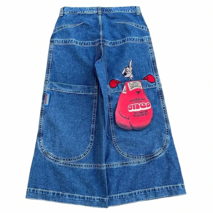 Hip Hop JNCO Jeans Y2k Hommes Harajuku Kangourou Graphique Grande Poche Bleu Vintage Baggy Jeans Gothique Taille Haute Pantalon Large D9qU #