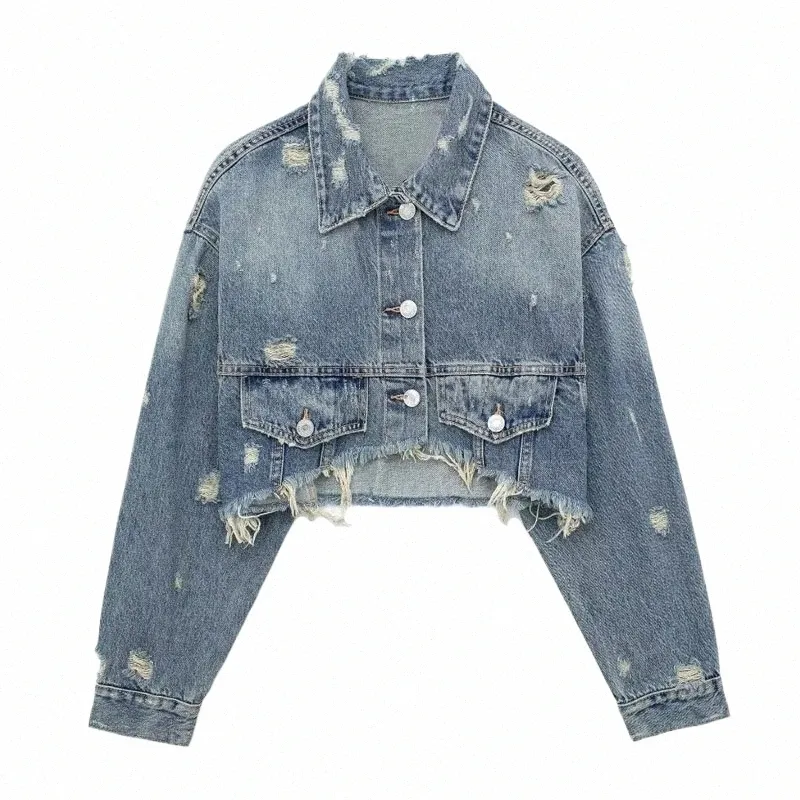 Traf 2023 Croped Jeans Jacket Woman LG Sleeve Overdimensionerad blå jacka Ripped Y2K Womens Denim Jacket Women Autumn G5or#