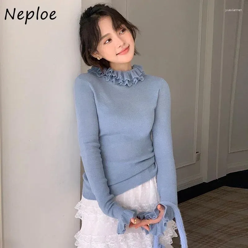 Women's Sweaters Neploe 2024 Autumn Winter French Sweet Round Neck Panel Wood Ear Edge Pullovers Slim Fit Flare Sleeve Underlay Knit