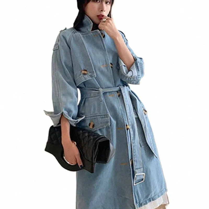 Spring Vintage Casual Korean LG Jean Coat Kobiety z paskiem High Street Lose Casual Autumn Trench Płaszcz Zwiedź wierzcha S-2xl I2p0#