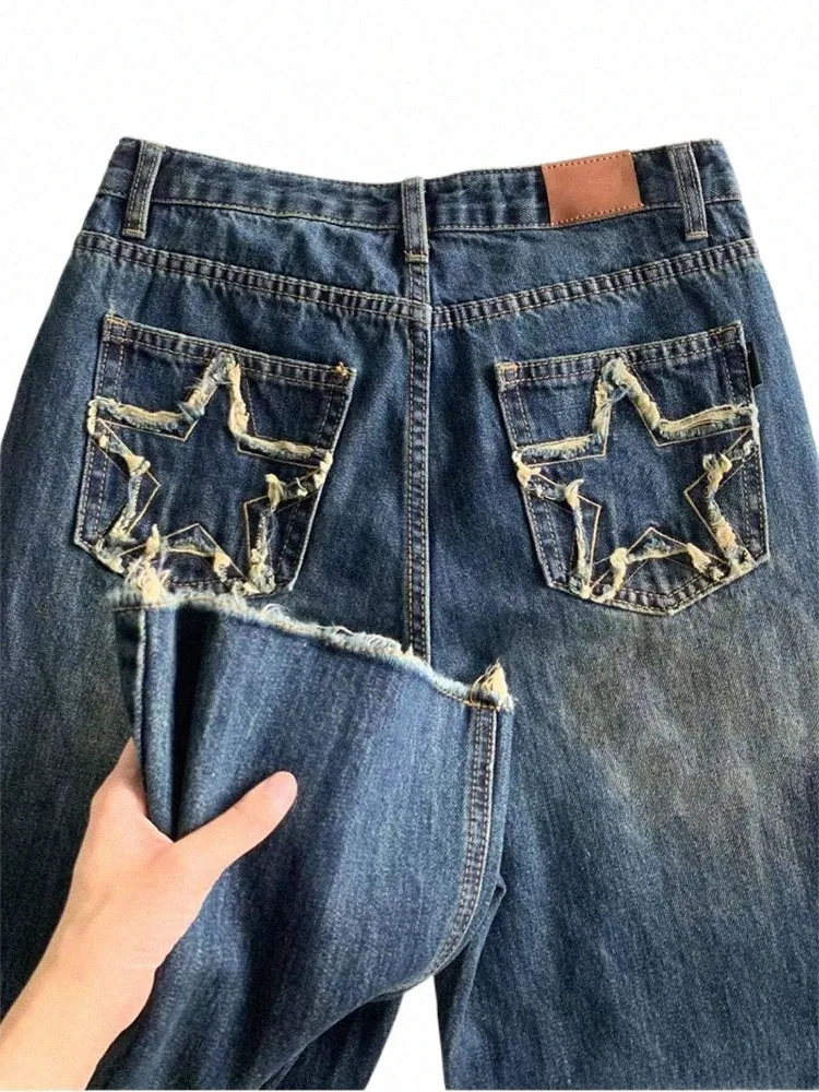 Kvinnors blå breda ben jeans stjärna pocket vintage raka byxor hög midja baggy streetwear casual denim byxor damer 2022 ny T1cp#