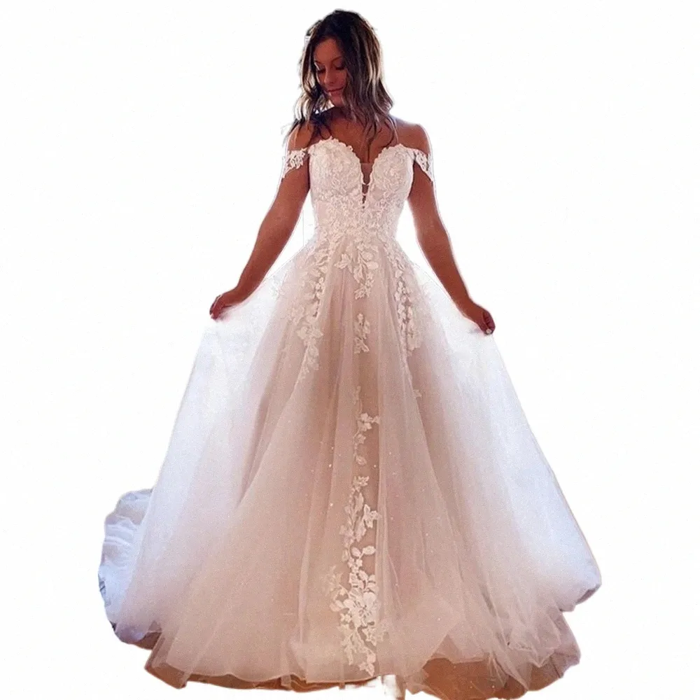 zj9248 Bohemia fuera del hombro vestido de novia blanco para la novia elegante una línea de encaje apliques vestido de novia para las mujeres cliente hecho u9ZV #