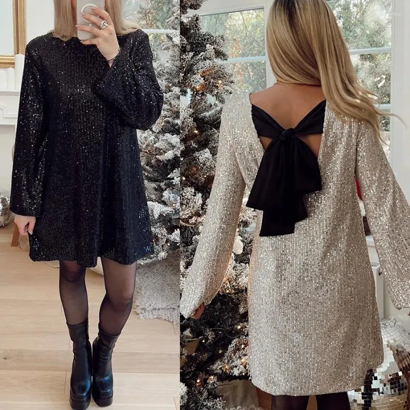 Robes décontractées 2024 européenne et américaine automne / hiver fête de Noël robe à paillettes INS lâche à lacets