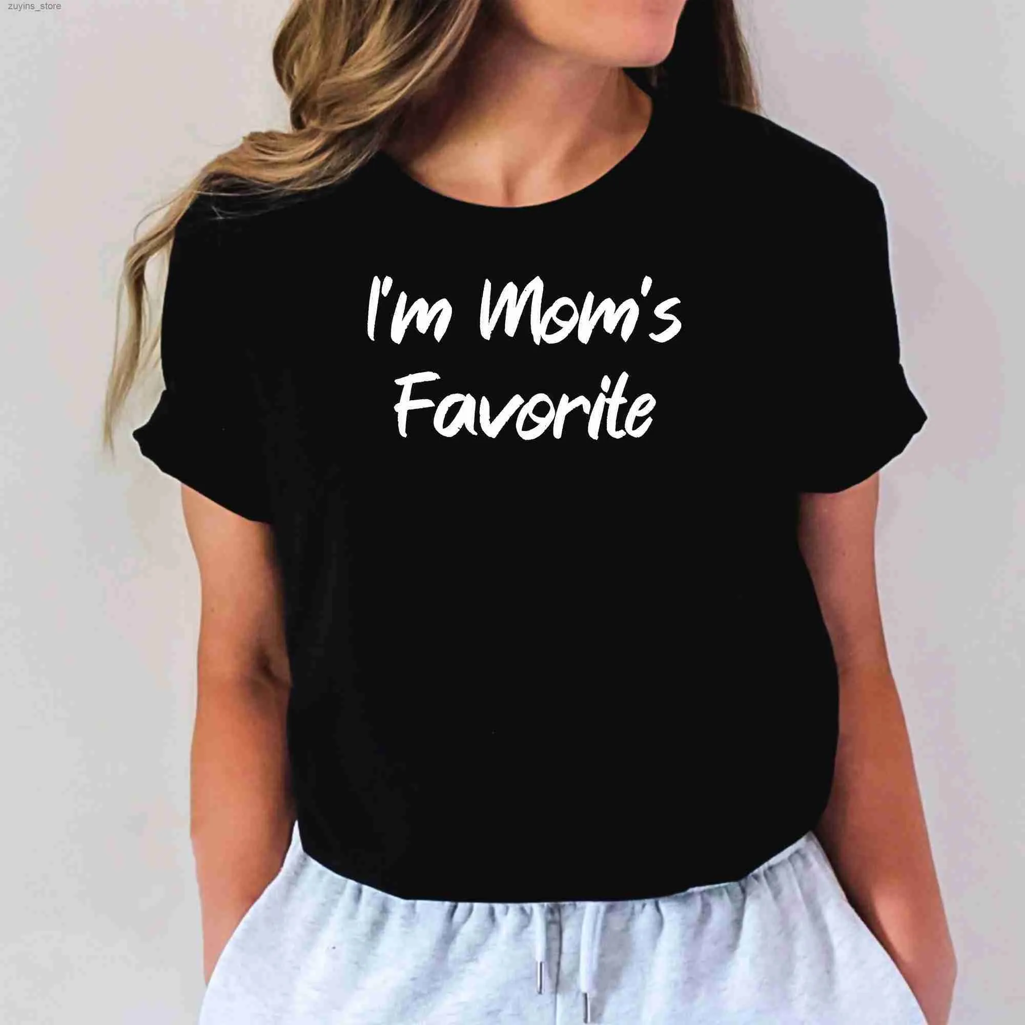 Camiseta para mujer Soy la camiseta estampada favorita de mi madre, cuello de manga corta, top informal de verano y primavera y ropa para mujer 24329