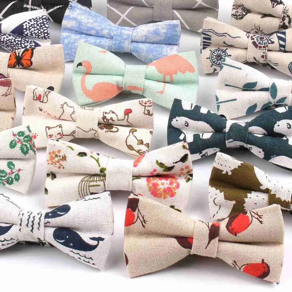 Bow Ties Linen Bow Tie wedding mens 면봉 넥타이 목 착용 남성을위한 성인 활 넥타이 파티 동물 패턴 Bowtie y240329