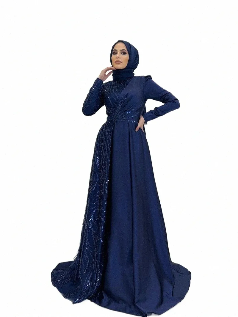 Elegant Long Sleeve Muslim Evening Dress Satin Appliques, Hijab