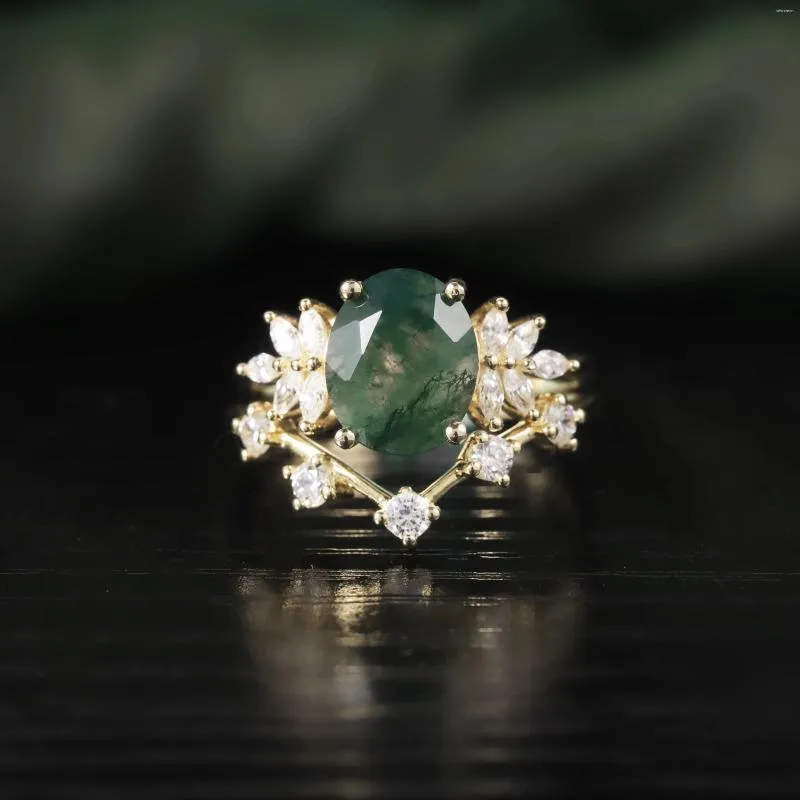 Кольца кластера GEM'S BALLET Винтажное кольцо с зеленым мхом и агатом в стиле ар-деко, кольцо обещания, уникальный набор изогнутых обручальных колец, стерлинговое серебро 925 пробы