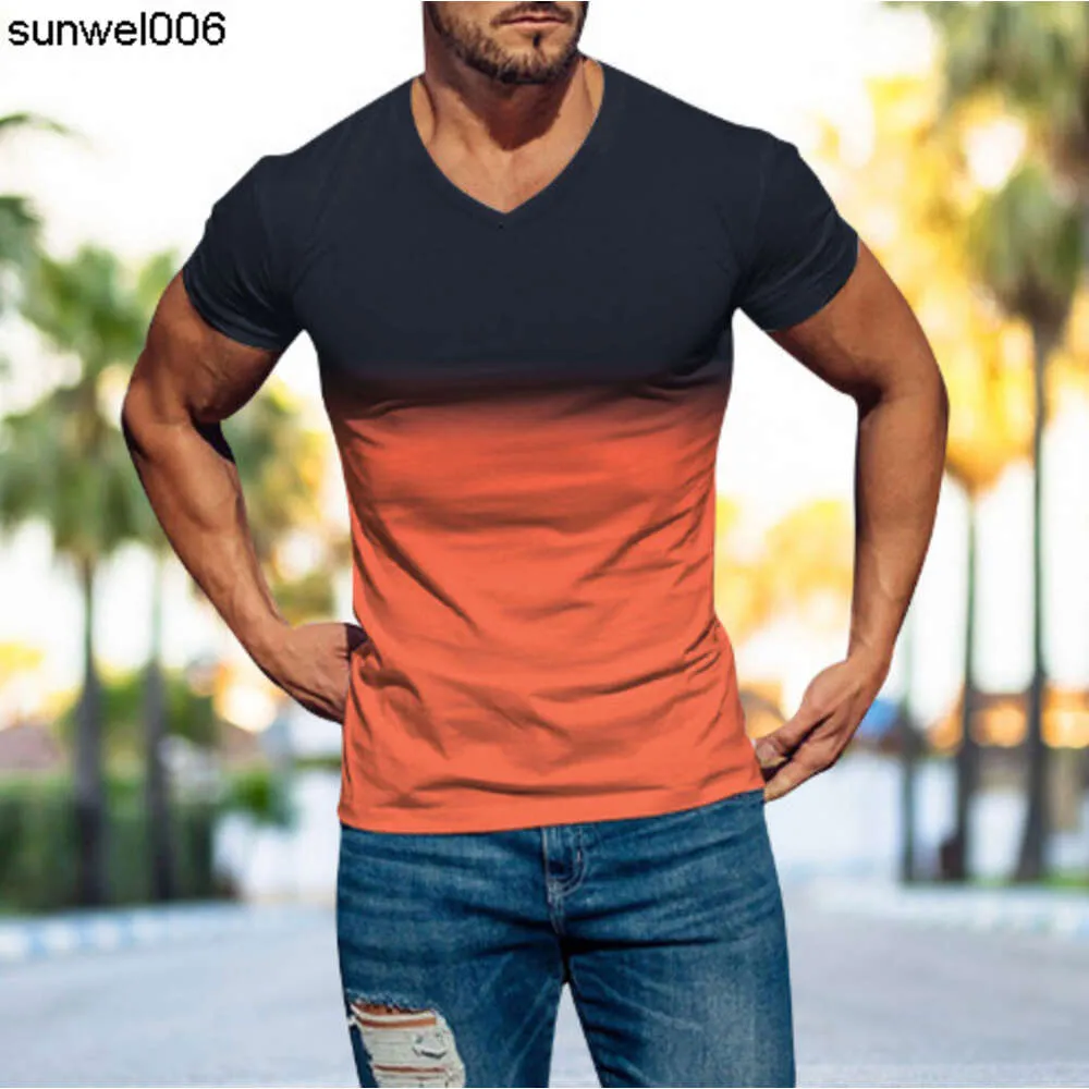 Summer New Men Gradient 3D Digital Dift Slim Fit T-shirt z krótkim rękawem w dekolcie