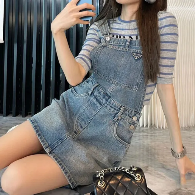 summer denim skirt womens designer clothing parda Triangle label denim strap skirt loose slimming versatile casual Luxury Designer