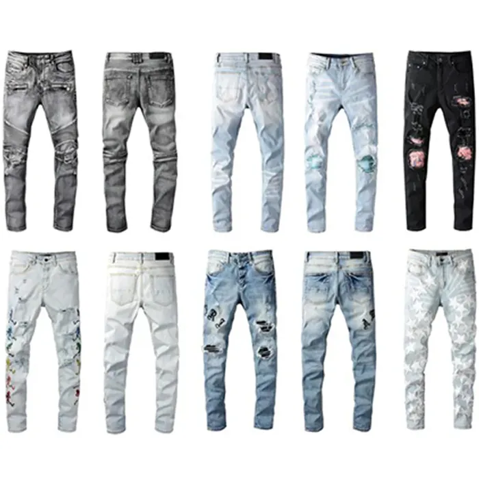 2024 S créateurs jeans en détresse France Fashion Pierre Straitement Biker Hole Stretch Denim Casual Jean Men Skinny Pants Elasticit