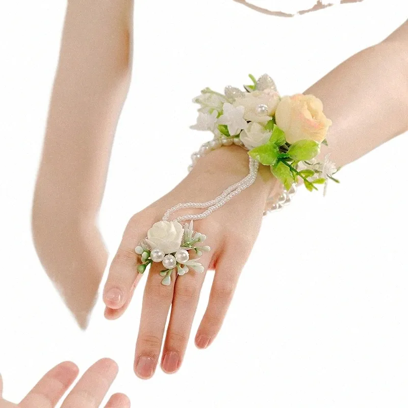 new Women Wrist Corsage With Pearl Artificial Rose Hand Fr Decor Handmade Bridesmaid Bracelet Elegant Wedding Accories f0td#