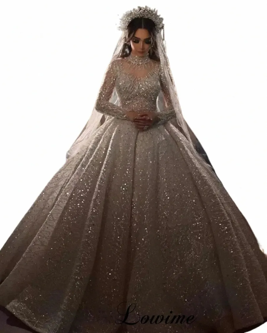 sparkly Beaded Wedding Dres For Women Dubai Arabic Lg Sleeves High Neck Wedding Gowns Vestido De Casamento Brides Dres z6Xv#