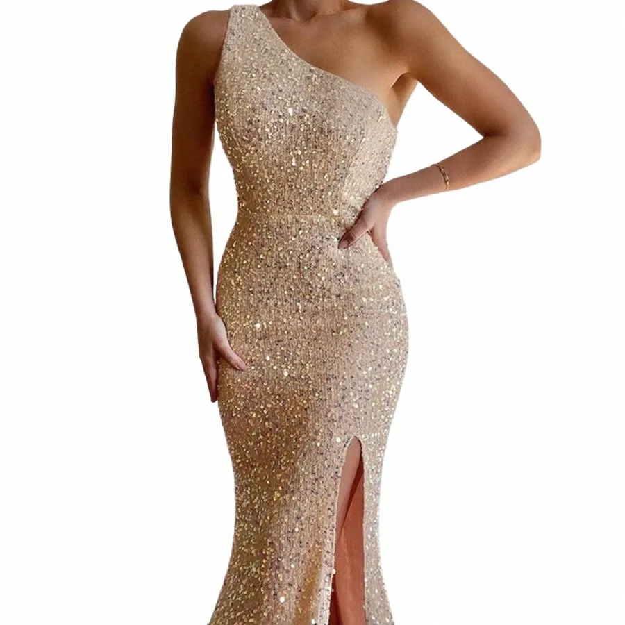 single Shoulder Veet Bodyc Women'S Dr Glitter Slim Sequin Female Elegant Formal Dres Party Evening Prom Gala Vestidos P2K7#